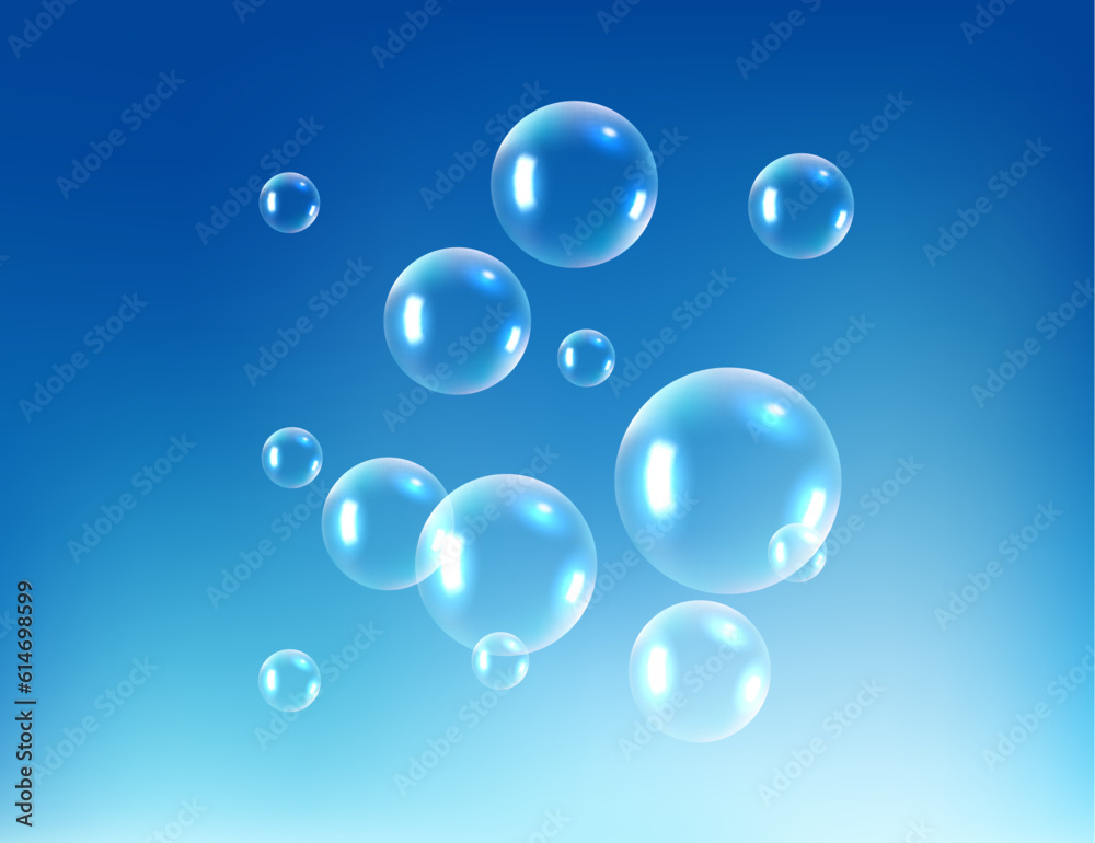 Vector blue wash bubble background. Soap bubble background liquid transparent foam concept design.