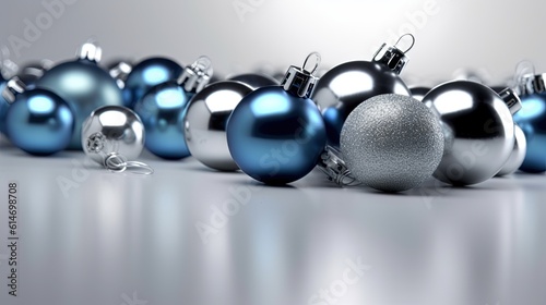 A minimalist arrangement of silver and blue Christmas ball ornaments on a white surface, creating a visually pleasing image with negative space for text or branding. Generative AI. 