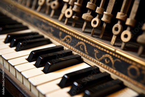 Close-up of vintage piano keys. Generative AI