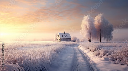 An enchanting photograph of a white winter landscape with a snow-covered path leading to a distant glowing house, providing a captivating backdrop with ample space for text overlay. Generative AI. 
