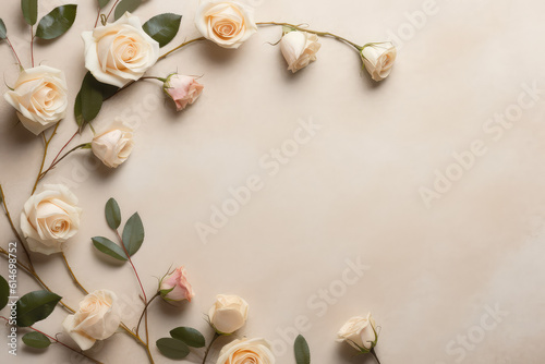 Top view of beautiful fresh roses on a pastel beige background with copy space. Banner and greeting card template. Generative AI photo imitation.