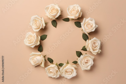 Top view of beautiful fresh roses in the shape of a circle on a pastel beige background with copy space. Banner and greeting card template. Generative AI photo imitation.
