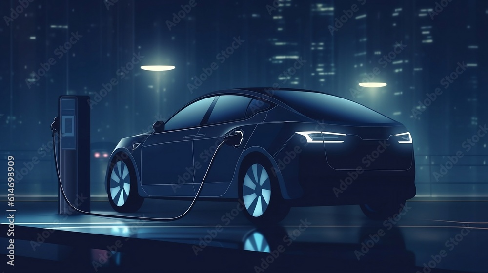 Electric car at charging station in city. EV concept. Vector illustration Electric car at charging station in city. EV concept. Vector illustration