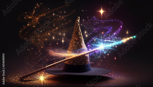 Magic wand with lights, a magic wand, a magician's cap, and a sparkly spell, Generative AI photo