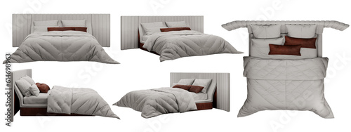 Bed, Bedroom, isometric bed, bed with pillows mockup, top view, font view, side view, isolated,perspective, rendering	
