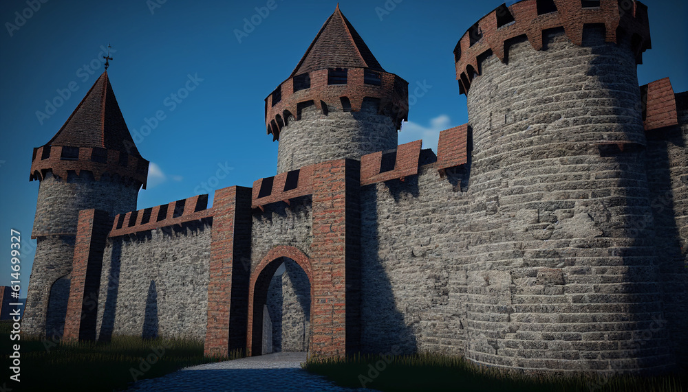 Medieval castle in the country, Mediaeval castle walls and a fantastical stronghold, Generative AI