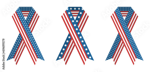 Set of support ribbons with American Flag . Clipart for USA Independence and Memorial day. Isolated vector illustration on transparent background.