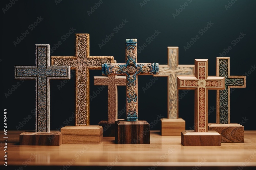 A collection of 8 unique patterned wooden crosses with a clear backdrop. Generative AI