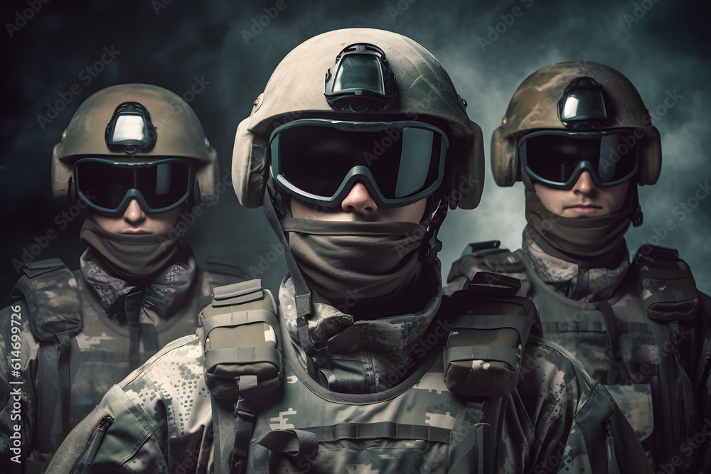 Soldiers wearing military uniform camouflage and wear glasses. mouth mask. helmet. generative ai Soldiers wearing military uniform camouflage and wear glasses. mouth mask. helmet. generative ai