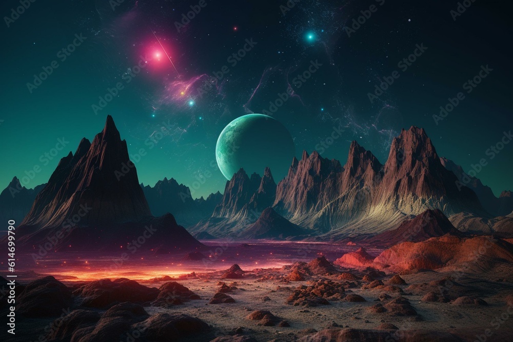 Neon cosmic landscape with glowing mountains, moons, and desert in space. Generative AI