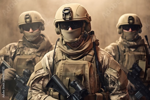 Soldiers wearing military uniform camouflage and wear glasses. mouth mask. helmet. generative ai