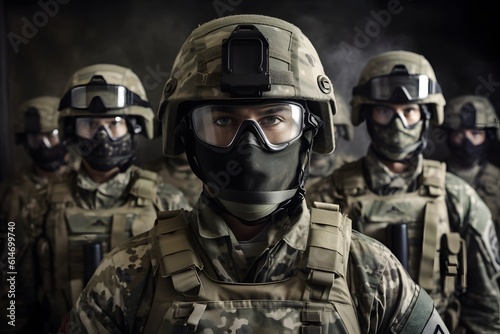 Soldiers wearing military uniform camouflage and wear glasses. mouth mask. helmet. generative ai