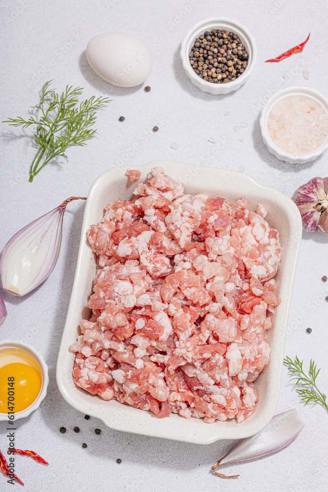 Raw minced meat, spices and herbs. Traditional ingredients for cooking cutlets or meatballs Raw minced meat, spices and herbs. Traditional ingredients for cooking cutlets or meatballs