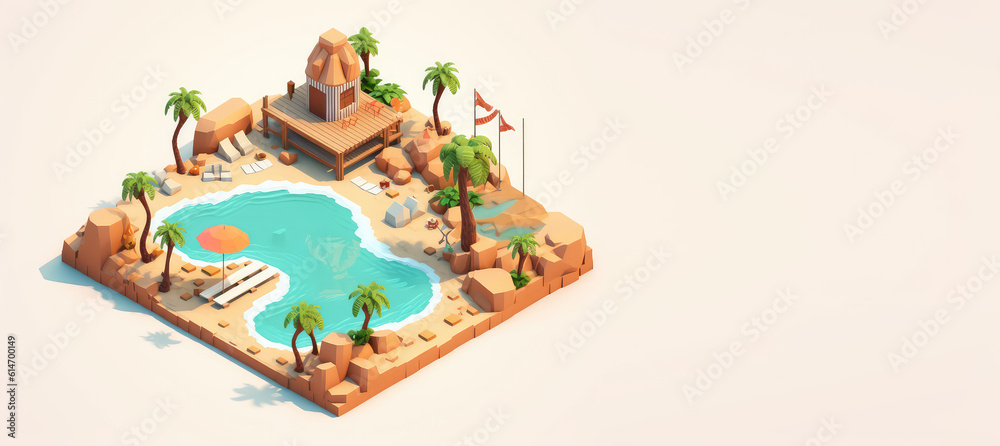 Tropical island with sea and beach in isometric cartoon style. Banner template on a white background with copy space. Generative AI 3d render icon imitation.