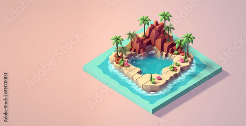 Tropical island with palm trees   sea and beach in isometric cartoon style. Banner template on a pastel pink background with copy space. Generative AI 3d render icon imitation.