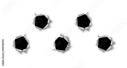 Set of five bullet holes. Isolated on white transparent background. Vector eps 10.