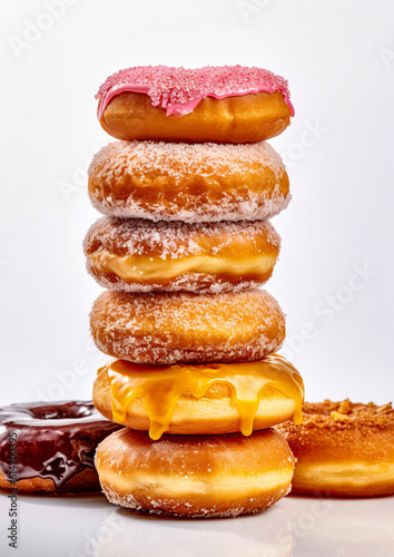 Stack of donuts on white background. Generative Ai