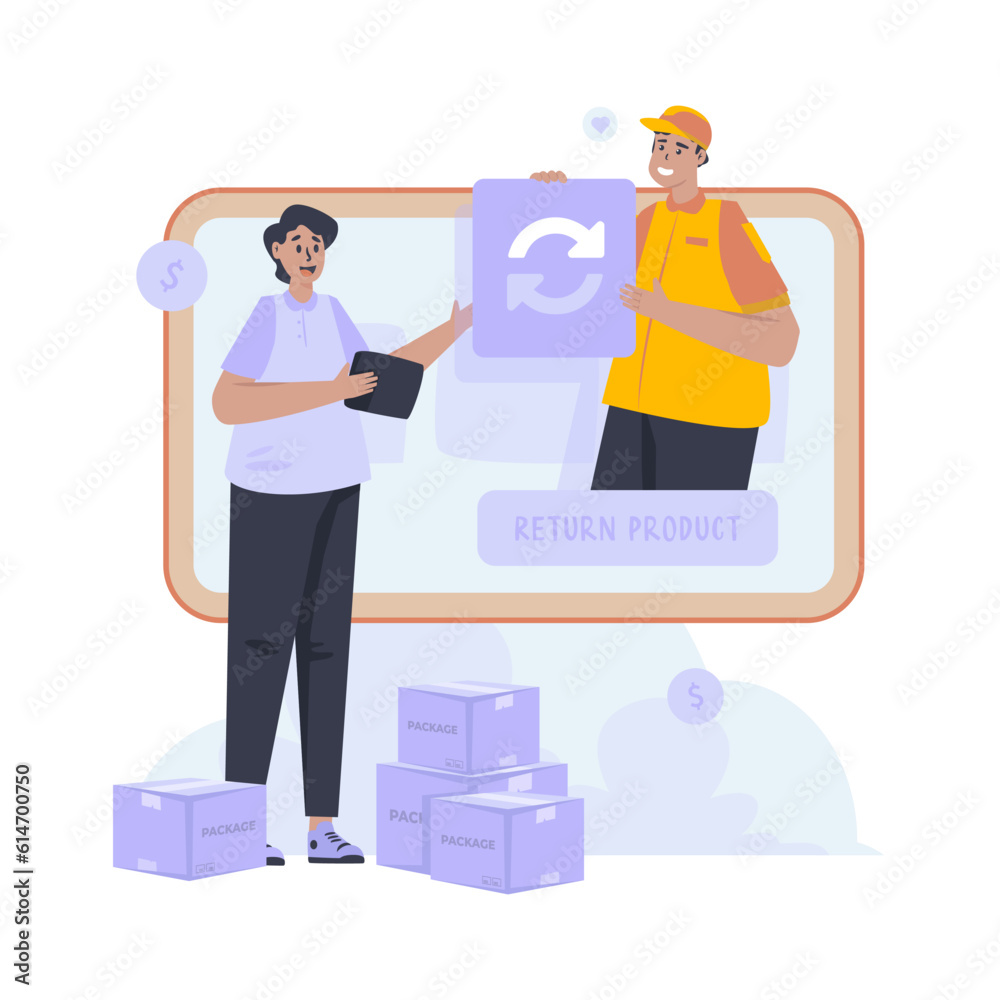 Shopping online with product return service vector illustration