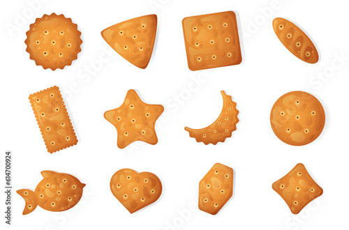 Cracker chips set. Cartoon sweet crispy snack crackers, traditional bakery sweet biscuit flat style snack food. Vector isolated collection