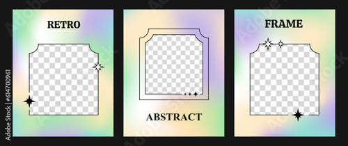 Set of three gradient vector backgrounds with line frames, y2k style covers with copy space, modern millennial colorful backdrops.