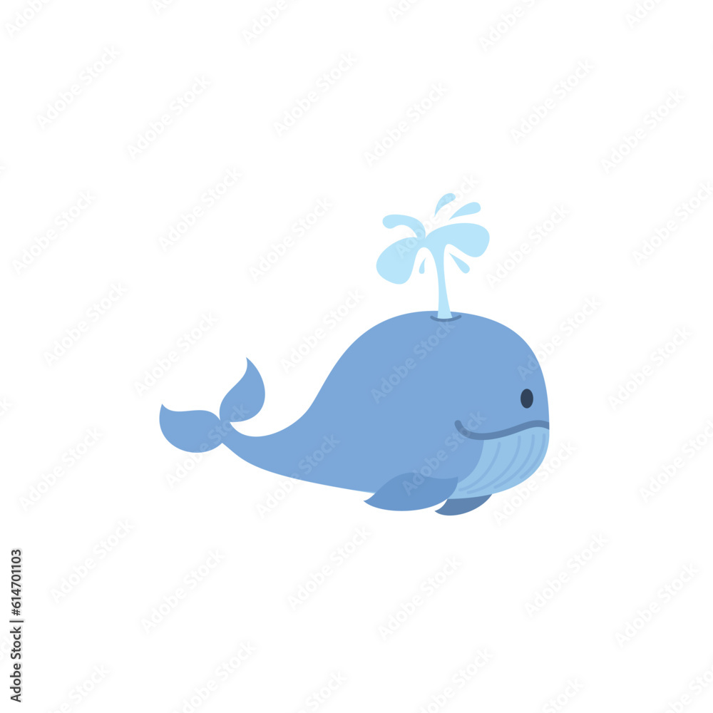 Cute whale splashing water, cartoon flat vector illustration isolated on white background.