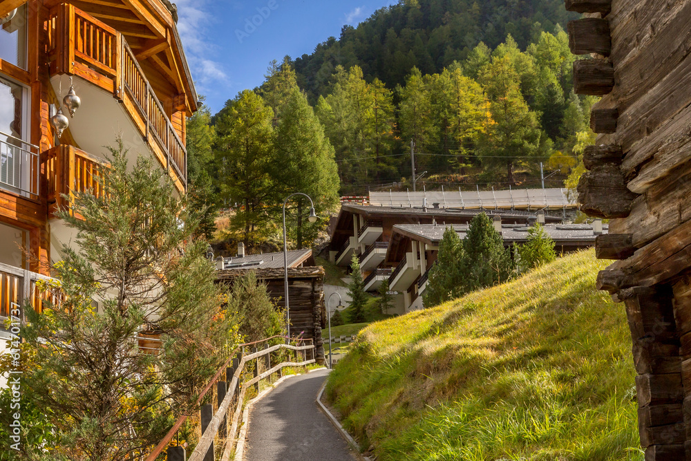 Zermatt, alpine village, Switzerland, Swiss Alps colorful autumn panorama, houses and trees