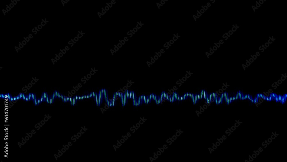 Blue oscilloscope visualizer trace to audio sound. VHS textures effect applied over the lines. Retro and vintage look and feel. VHS art concept.