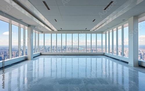 High-rise office real estate property.A brightly illuminated space nestled in the heart of New York, USA. The room showcases a pristine white ceiling and offers an expansive city view. Generative AI