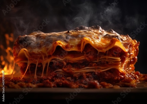 freshly baked lasagna with steam rising and layers visible
