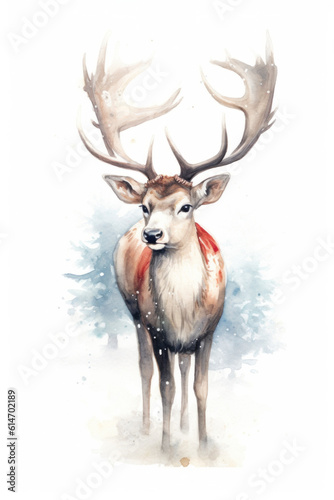 Watercolor deer in winter snow forest Generative AI © stock_acc
