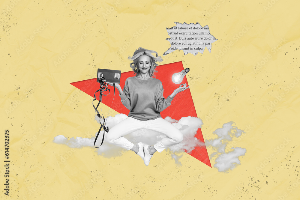 Collage of black white colors girl flying clouds sky meditate arm hold video cassette light bulb book text mind bubble isolated on beige background Collage of black white colors girl flying clouds sky meditate arm hold video cassette light bulb book text mind bubble isolated on beige background
