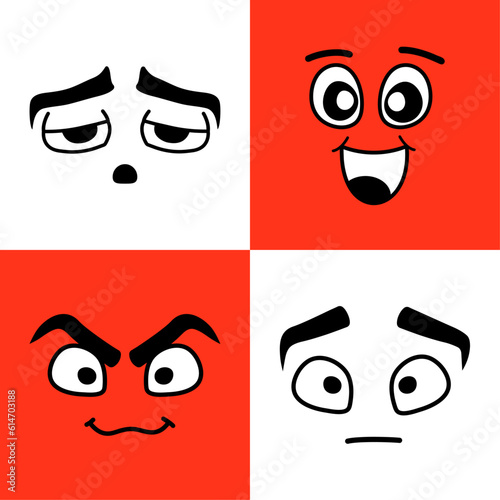 Set of faces in comic style on a colored background. Eyes, lips, mouth, nose, eyebrows.Vector stock illustration. isolated. Characters with different facial expressions. Upset, overjoyed, normal