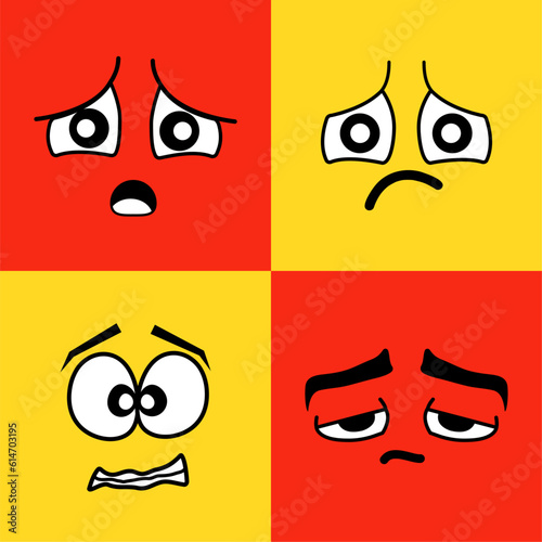 Set of faces in comic style on a colored background. Eyes, lips, mouth, nose, eyebrows.Vector stock illustration. isolated. Characters with different facial expressions. Upset, frightened, upset