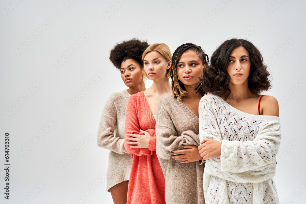 Stylish multiethnic women in trendy knitted jumpers crossing arms and looking away while standing isolated on grey, different body types and self-acceptance, multicultural representation Stylish multiethnic women in trendy knitted jumpers crossing arms and looking away while standing isolated on grey, different body types and self-acceptance, multicultural representation