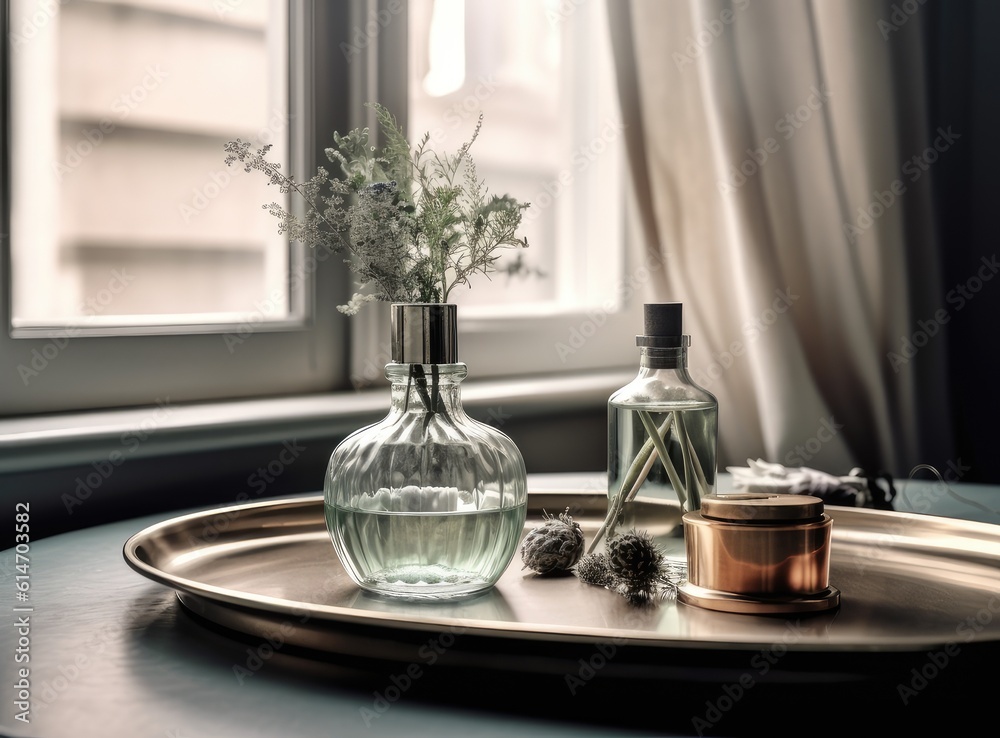 Reed diffuser and vase with bouquet on wooden nightstand in bedroom. Created with Generative AI technology Reed diffuser and vase with bouquet on wooden nightstand in bedroom. Created with Generative AI technology