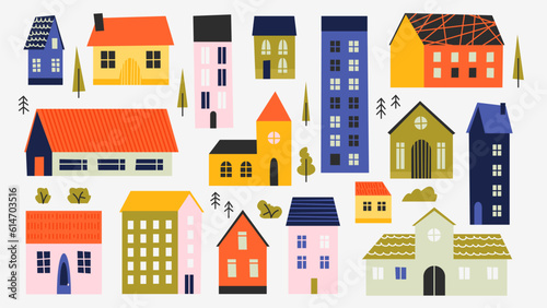 Cute town buildings. Cartoon village houses exterior, variable old doodle wooden house in flat style, real estate architecture. Vector isolated set © Tartila