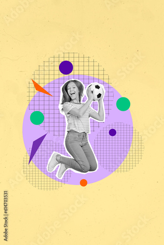 Vertical creative abstract collage photo of happy positive cheerful schoolgirl jumping hold soccer ball isolated drawing background