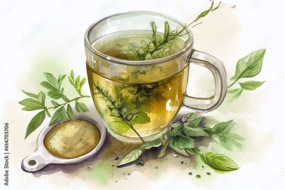 Watercolor illustration of fresh herbal tea. Generative AI - obrazy, fototapety, plakaty 