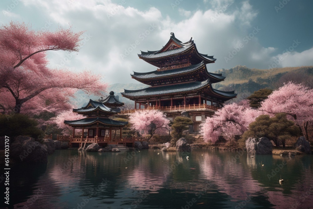 Raster of oriental temple on river with cherry blossoms, pink trees, forest, rain and clouds. Generative AI