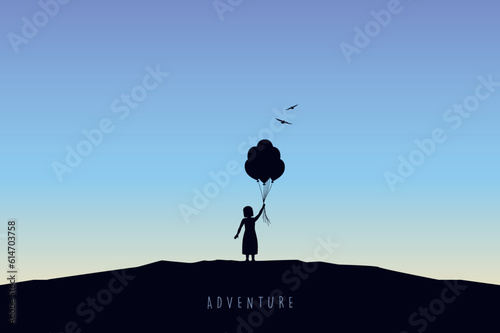 little girl with balloons silhouette at sunset childhood dreams vector illustration EPS10