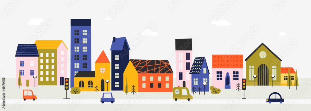 Horizontal town landscape. Urban panorama with building in downtown area, cartoon village street with architecture. Vector illustration