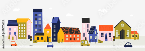 Horizontal town landscape. Urban panorama with building in downtown area, cartoon village street with architecture. Vector illustration