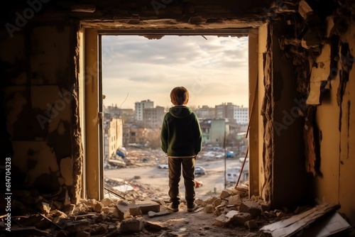 Child Observing Devastated City - Reflection and Hope, Generative AI