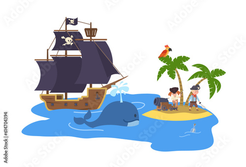 Pirate kids leaving ship for island, cartoon flat vector illustration isolated on white background.