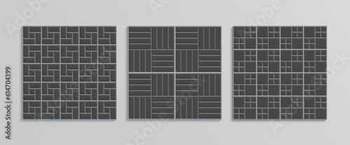 Garden footpath top view. Seamless street patterns. Paver tiles collection. Paved floor. Slab pavement texture set. Decorative cobblestone print. Mosaic sidewalk. Vector illustration.