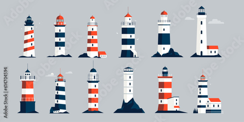 Lighthouses collection. Cartoon nautical navigation light tower, lighthouse beacon and light house symbol, marine seaside architecture flat style. Vector set