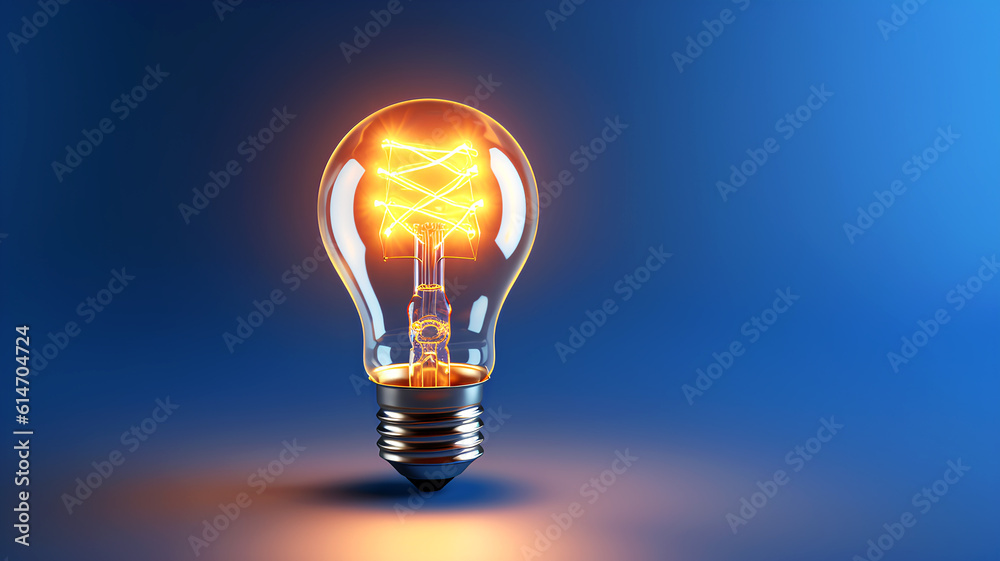Light bulb glowing on a blue background. 