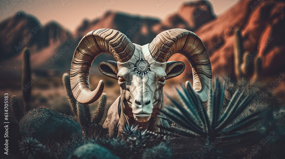 Aries Ram Head Among Desert Rocks and Cacti - High-Resolution Generative AI Stock Image Aries Ram Head Among Desert Rocks and Cacti - High-Resolution Generative AI Stock Image