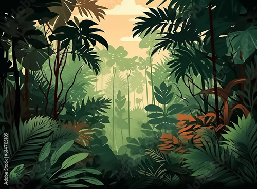 illustration of green forest  where the foliage thrives with a rich tapestry of leaves and various plant elements  creating a captivating display of natural splendor. generative AI.