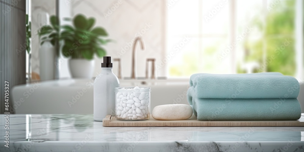 Closeup of Empty Tabletop Product on Table Bathroom Interior with Blurred Background Closeup of Empty Tabletop Product on Table Bathroom Interior with Blurred Background